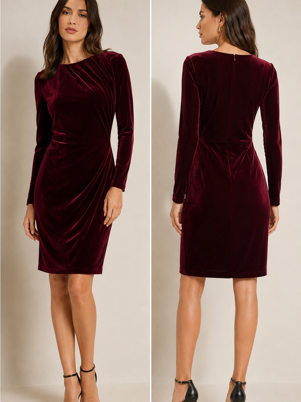 Reiss Matty Velvet Merlot Burgundy Draped Long Sleeve Mini Dress size 8